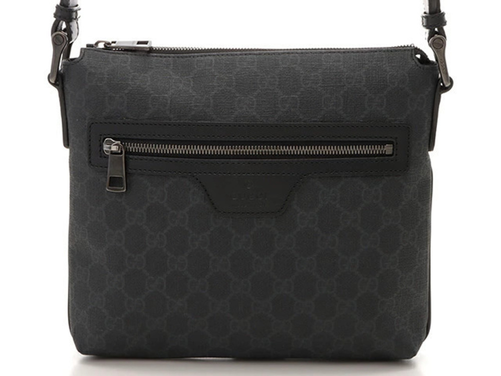 Gucci GG Supreme Canvas Flat Messenger Bag black leather